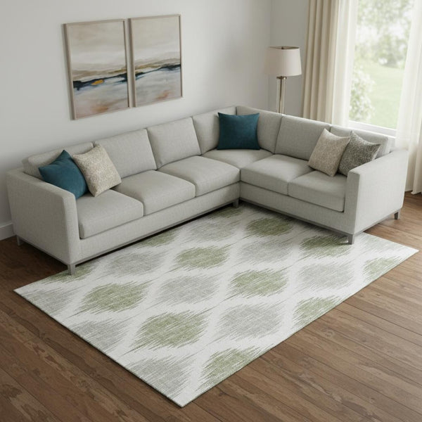 HomeRoots 8' X 10' Artichoke Green Ikat Area Rug - Washable, UV-Protected, Stain Resistant, Stylish Design! 667441
