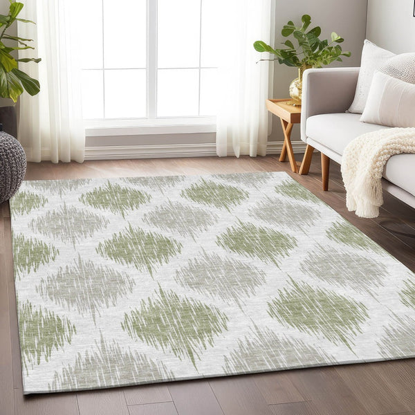 HomeRoots 8' X 10' Artichoke Green Ikat Area Rug - Washable, UV-Protected, Stain Resistant, Stylish Design! 667441