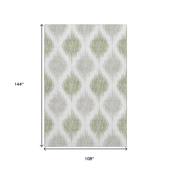 HomeRoots 9' X 12' Stylish Artichoke Green Ikat Area Rug – Washable, UV Protected, Perfect for Family Spaces! 667442