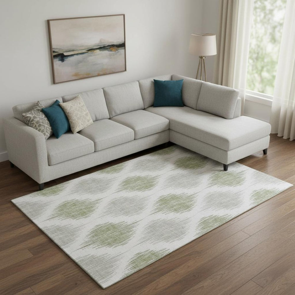HomeRoots 9' X 12' Stylish Artichoke Green Ikat Area Rug – Washable, UV Protected, Perfect for Family Spaces! 667442