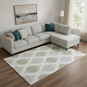 HomeRoots 9' X 12' Stylish Artichoke Green Ikat Area Rug – Washable, UV Protected, Perfect for Family Spaces! 667442