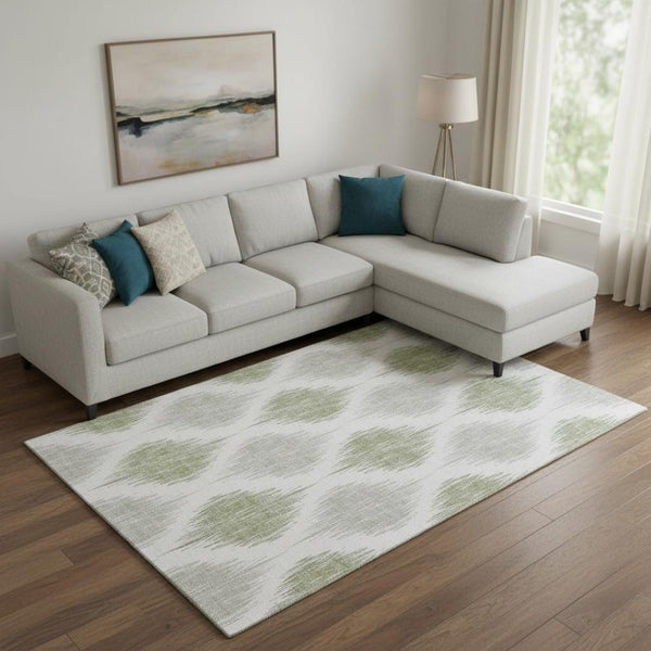 HomeRoots 9' X 12' Stylish Artichoke Green Ikat Area Rug – Washable, UV Protected, Perfect for Family Spaces! 667442