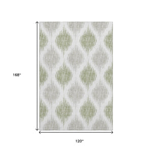 HomeRoots 10' Artichoke Green & Ivory Ikat Washable Area Rug - Durable, Stain-Resistant & UV Protected! 667443