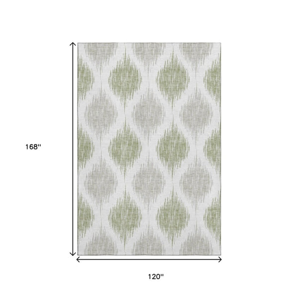 HomeRoots 10' Artichoke Green & Ivory Ikat Washable Area Rug - Durable, Stain-Resistant & UV Protected! 667443