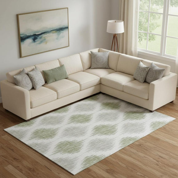HomeRoots 10' Artichoke Green & Ivory Ikat Washable Area Rug - Durable, Stain-Resistant & UV Protected! 667443