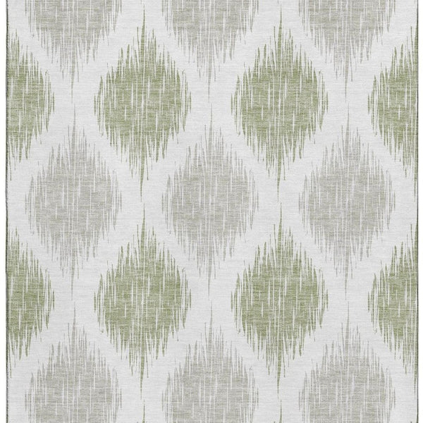HomeRoots 10' Artichoke Green & Ivory Ikat Washable Area Rug - Durable, Stain-Resistant & UV Protected! 667443