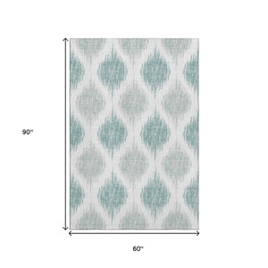 HomeRoots 5' X 8' Aqua Ikat Washable Area Rug with UV Protection - Stylish, Durable, and Easy-Clean Design! 667445