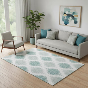 HomeRoots 5' X 8' Aqua Ikat Washable Area Rug with UV Protection - Stylish, Durable, and Easy-Clean Design! 667445