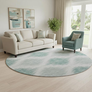 HomeRoots 8' Aqua and Ivory Ikat Round Rug - Washable, UV Protected, Stylish & Durable for Indoor or Outdoor Use 667446
