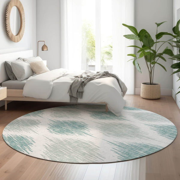 HomeRoots 8' Aqua and Ivory Ikat Round Rug - Washable, UV Protected, Stylish & Durable for Indoor or Outdoor Use 667446