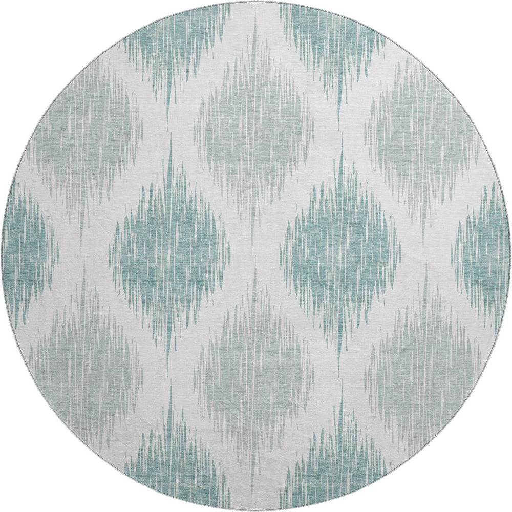 HomeRoots 8' Aqua and Ivory Ikat Round Rug - Washable, UV Protected, Stylish & Durable for Indoor or Outdoor Use 667446