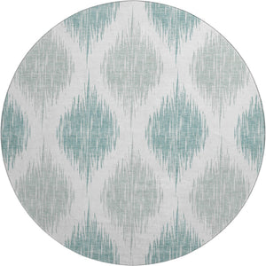 HomeRoots 8' Aqua and Ivory Ikat Round Rug - Washable, UV Protected, Stylish & Durable for Indoor or Outdoor Use 667446