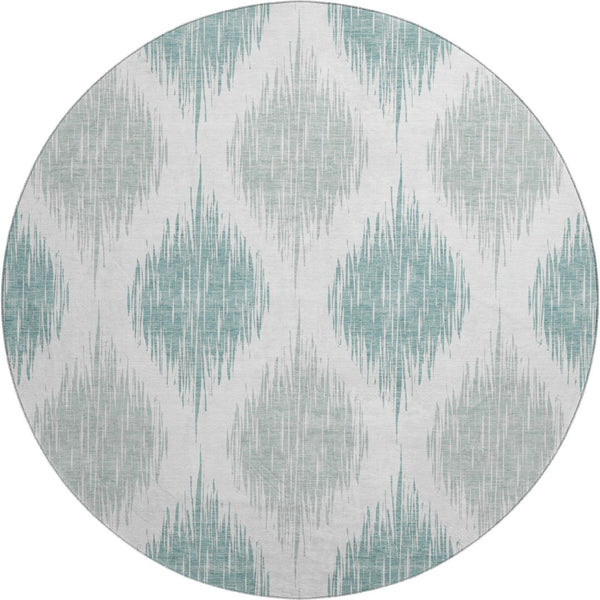 HomeRoots 8' Aqua and Ivory Ikat Round Rug - Washable, UV Protected, Stylish & Durable for Indoor or Outdoor Use 667446