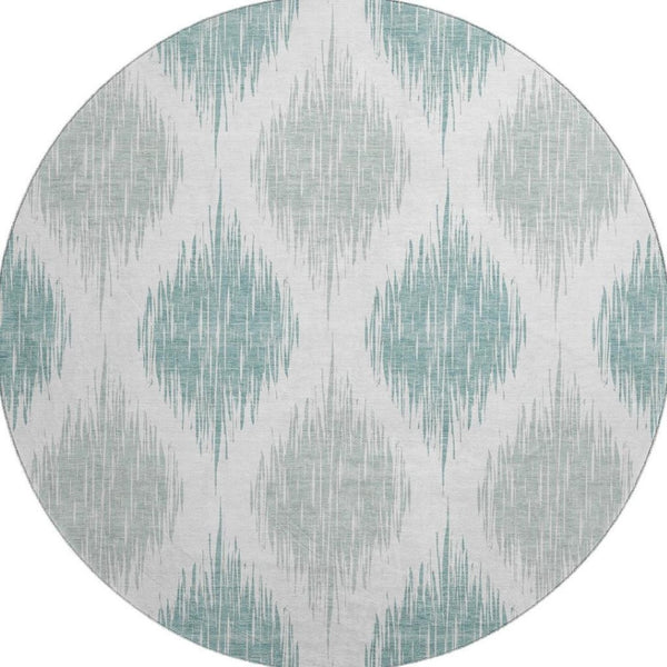 HomeRoots 8' Aqua and Ivory Ikat Round Rug - Washable, UV Protected, Stylish & Durable for Indoor or Outdoor Use 667446