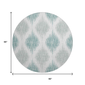 HomeRoots 8' Aqua and Ivory Ikat Round Rug - Washable, UV Protected, Stylish & Durable for Indoor or Outdoor Use 667446