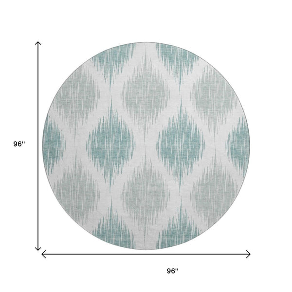 HomeRoots 8' Aqua and Ivory Ikat Round Rug - Washable, UV Protected, Stylish & Durable for Indoor or Outdoor Use 667446