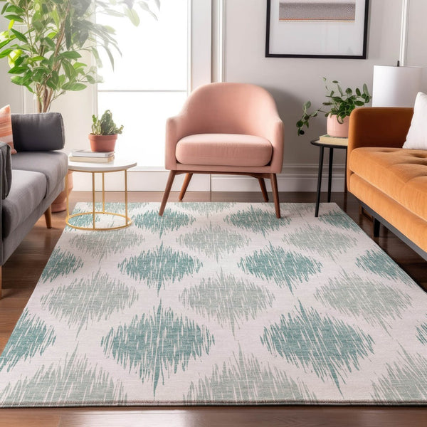 HomeRoots 10' Aqua & Ivory Ikat Washable Area Rug - Durable, UV-Protected, Stylish for Family Living Spaces 667449