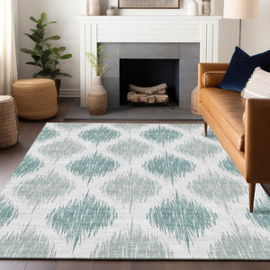 HomeRoots 10' Aqua & Ivory Ikat Washable Area Rug - Durable, UV-Protected, Stylish for Family Living Spaces 667449