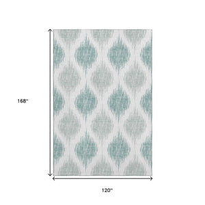 HomeRoots 10' Aqua & Ivory Ikat Washable Area Rug - Durable, UV-Protected, Stylish for Family Living Spaces 667449