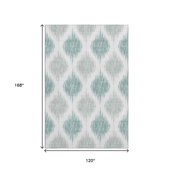HomeRoots 10' Aqua & Ivory Ikat Washable Area Rug - Durable, UV-Protected, Stylish for Family Living Spaces 667449