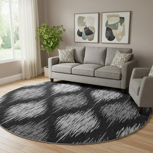 HomeRoots 8' Black and Ivory Ikat Washable Round Rug - Durable, UV Protected, Perfect for High-Traffic Homes 667452