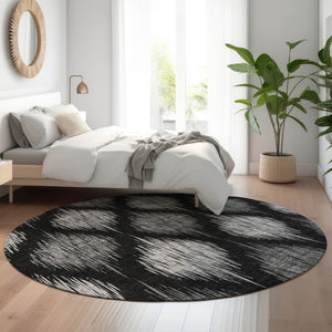 HomeRoots 8' Black and Ivory Ikat Washable Round Rug - Durable, UV Protected, Perfect for High-Traffic Homes 667452