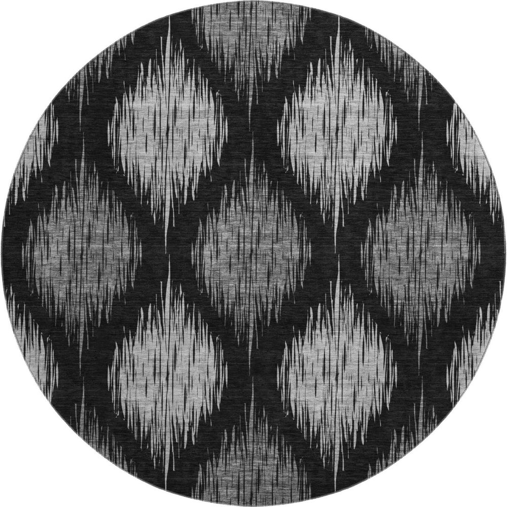 HomeRoots 8' Black and Ivory Ikat Washable Round Rug - Durable, UV Protected, Perfect for High-Traffic Homes 667452