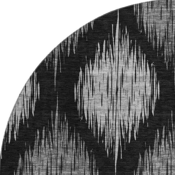 HomeRoots 8' Black and Ivory Ikat Washable Round Rug - Durable, UV Protected, Perfect for High-Traffic Homes 667452
