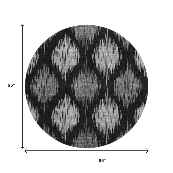 HomeRoots 8' Black and Ivory Ikat Washable Round Rug - Durable, UV Protected, Perfect for High-Traffic Homes 667452