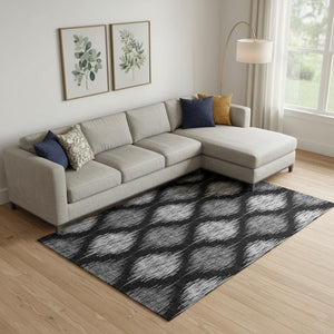 HomeRoots 8' x 10' Black and Ivory Ikat Area Rug – Washable, Stain-Resistant, UV-Protected for Busy Homes 667453