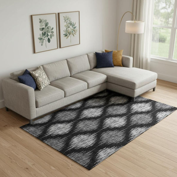 HomeRoots 8' x 10' Black and Ivory Ikat Area Rug – Washable, Stain-Resistant, UV-Protected for Busy Homes 667453