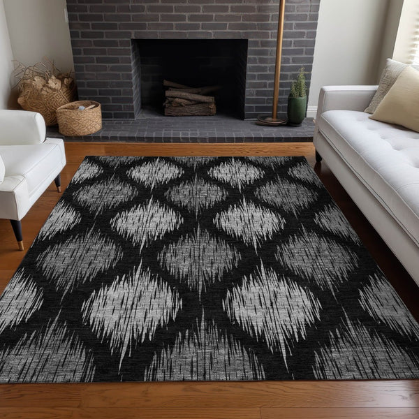 HomeRoots 8' x 10' Black and Ivory Ikat Area Rug – Washable, Stain-Resistant, UV-Protected for Busy Homes 667453