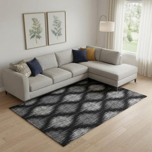 HomeRoots 9' X 12' Ikat Area Rug in Black and Ivory - Stylish, Washable, Stain Resistant with UV Protection 667454