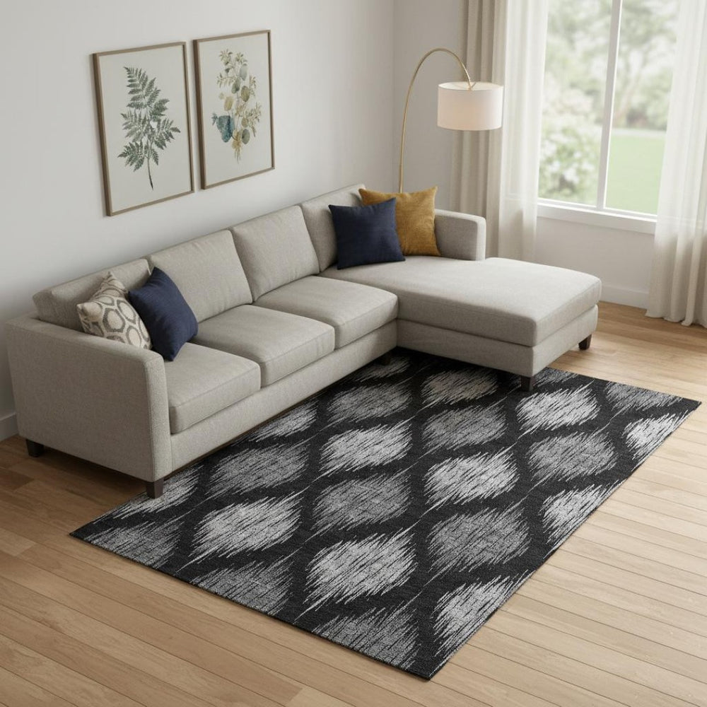 HomeRoots 10' X 14' Ikat Area Rug - Modern Black & Ivory Design, Washable, UV-Protected, Pet-Friendly Durability 667455