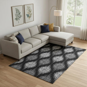 HomeRoots 10' X 14' Ikat Area Rug - Modern Black & Ivory Design, Washable, UV-Protected, Pet-Friendly Durability 667455