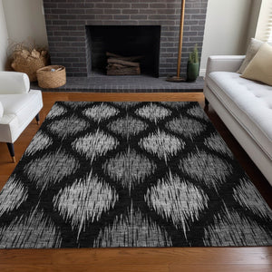 HomeRoots 10' X 14' Ikat Area Rug - Modern Black & Ivory Design, Washable, UV-Protected, Pet-Friendly Durability 667455