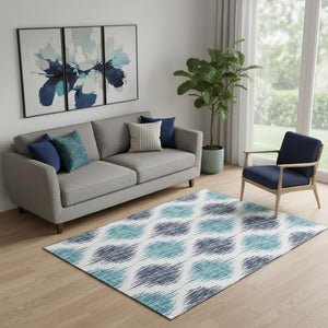 HomeRoots 5' Blue and Ivory Ikat Area Rug - Washable, UV Protected, Stain Resistant for High-Traffic Spaces 667457