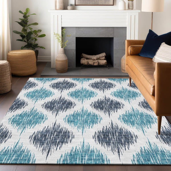 HomeRoots 5' Blue and Ivory Ikat Area Rug - Washable, UV Protected, Stain Resistant for High-Traffic Spaces 667457