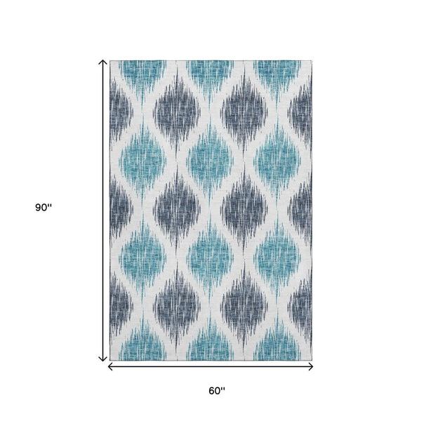 HomeRoots 5' Blue and Ivory Ikat Area Rug - Washable, UV Protected, Stain Resistant for High-Traffic Spaces 667457