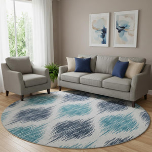 HomeRoots 8' Blue Ikat Round Washable Rug - Stain-Resistant, UV Protected, Perfect for High-Traffic Areas! 667458