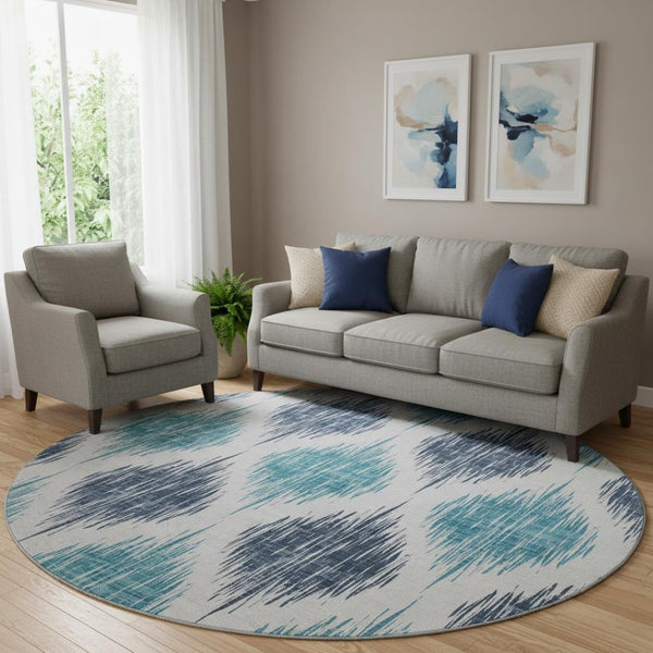 HomeRoots 8' Blue Ikat Round Washable Rug - Stain-Resistant, UV Protected, Perfect for High-Traffic Areas! 667458