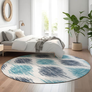 HomeRoots 8' Blue Ikat Round Washable Rug - Stain-Resistant, UV Protected, Perfect for High-Traffic Areas! 667458