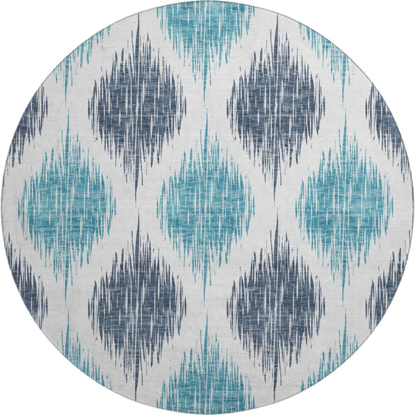 HomeRoots 8' Blue Ikat Round Washable Rug - Stain-Resistant, UV Protected, Perfect for High-Traffic Areas! 667458