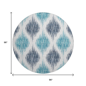 HomeRoots 8' Blue Ikat Round Washable Rug - Stain-Resistant, UV Protected, Perfect for High-Traffic Areas! 667458