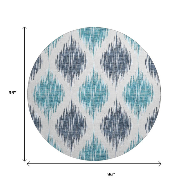 HomeRoots 8' Blue Ikat Round Washable Rug - Stain-Resistant, UV Protected, Perfect for High-Traffic Areas! 667458
