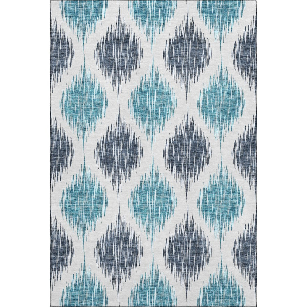 HomeRoots 8' X 10' Ikat Area Rug in Blue & Ivory - Washable, UV Protected, Stylish, Durable for Every Space 667459