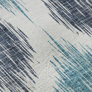 HomeRoots 8' X 10' Ikat Area Rug in Blue & Ivory - Washable, UV Protected, Stylish, Durable for Every Space 667459