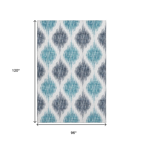 HomeRoots 8' X 10' Ikat Area Rug in Blue & Ivory - Washable, UV Protected, Stylish, Durable for Every Space 667459