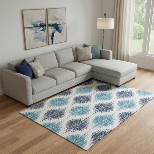 HomeRoots 8' X 10' Ikat Area Rug in Blue & Ivory - Washable, UV Protected, Stylish, Durable for Every Space 667459