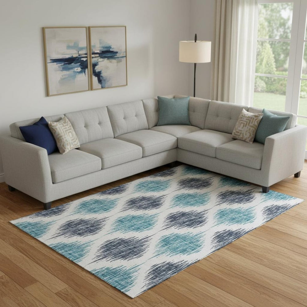 HomeRoots 9' X 12' Blue And Ivory Ikat Area Rug - Stylish, Washable, Stain Resistant with UV Protection for Homes 667460